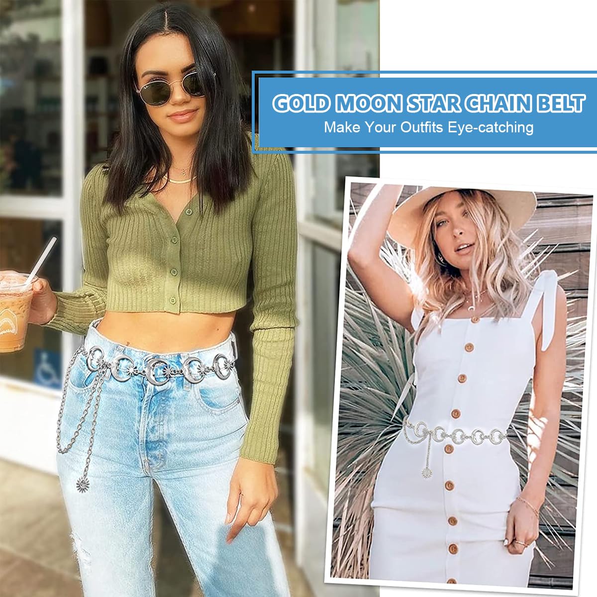 PALAY Woman Waist Belt Moon Star Metal Chain Belt for Women Stylish Ladies Belly Belt Accessories for Blazer, Suit, Dress, Jeans, Gown (Silver) PALAY Woman Waist Belt Moon Star Metal Chain Belt for Women Stylish Ladies Belly Belt Accessories for Blazer, Suit, Dress, Jeans, Gown (Silver)